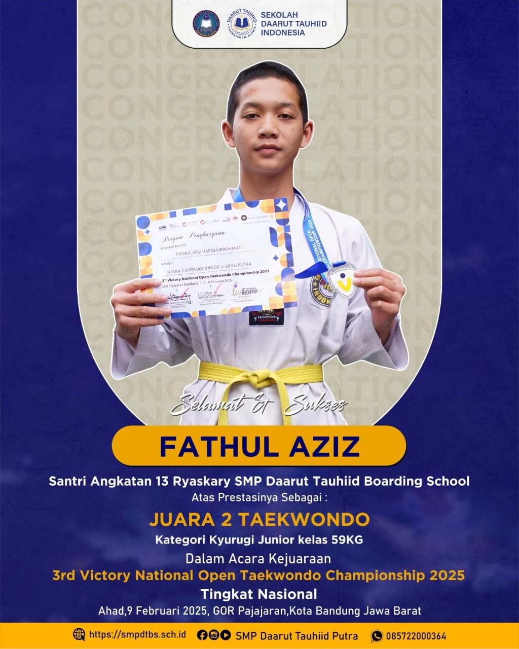  Santri SMP Daarut Tauhiid Boarding School Juarai National Open Taekwondo Championship 